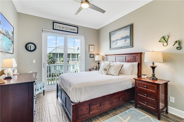 bedroom with ceiling fan, access to exterior, and crown molding