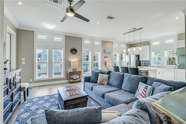 living room featuring rail lighting, sink, crown molding, light hardwood / wood-style flooring, and ceiling fan