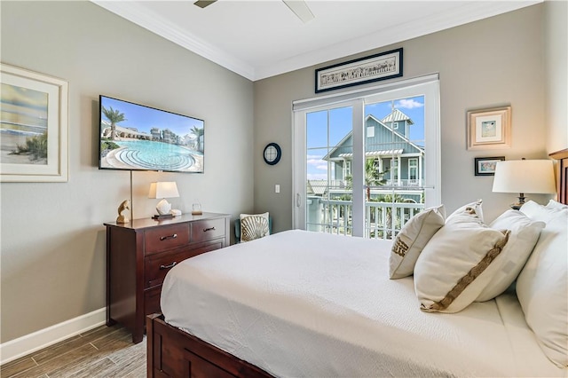 bedroom with access to exterior, ceiling fan, and crown molding