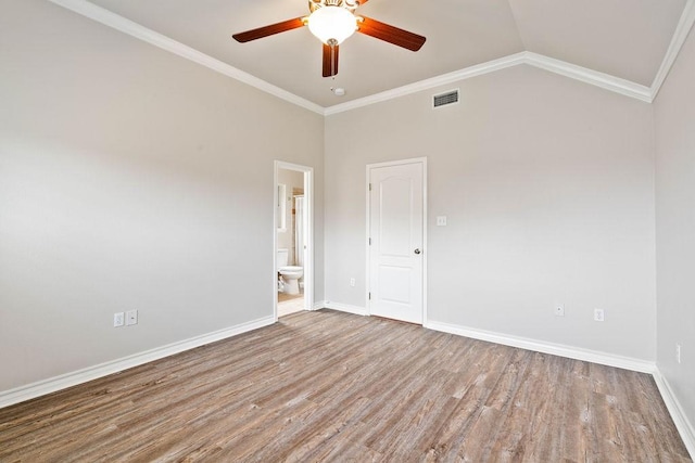 1201 Cline St, Corpus Christi, TX 78418 - spare room featuring ceiling fan, wood finished floors, crown molding, baseboards, and lofted ceiling