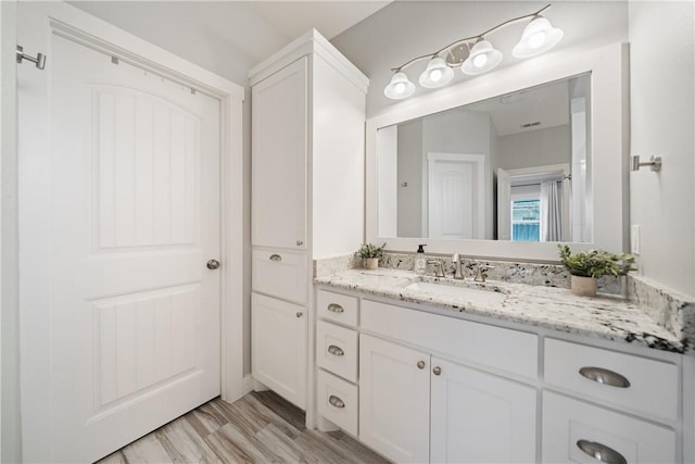 bathroom with wood finished floors and vanity