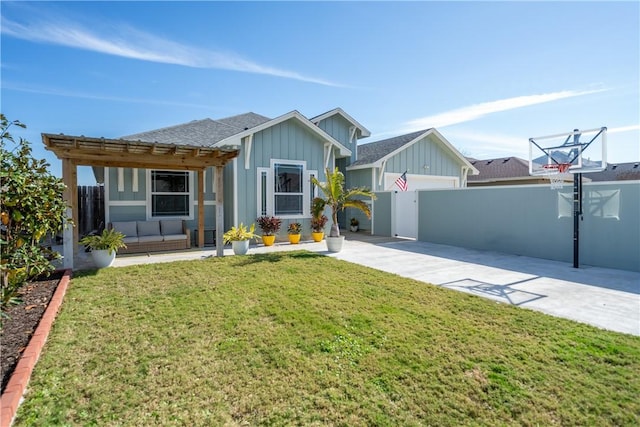 ranch-style home featuring a pergola, a patio, fence, a front lawn, and board and batten siding