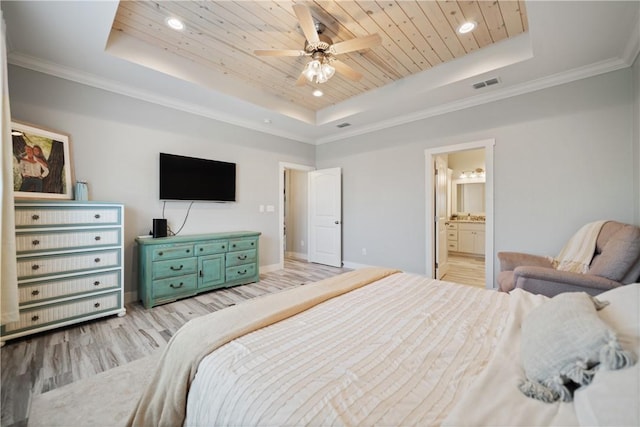 bedroom featuring light wood-type flooring, wood ceiling, visible vents, and a raised ceiling