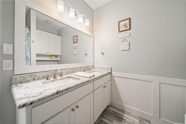 full bathroom with wood finished floors, wainscoting, a sink, and double vanity