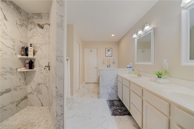 15414 Salt Cay Ct Unit 5E, Corpus Christi, TX 78418 - bathroom with recessed lighting, marble finish floor, a sink, double vanity, and a marble finish shower