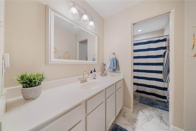 15414 Salt Cay Ct Unit 5E, Corpus Christi, TX 78418 - bathroom with vanity, toilet, a shower with shower curtain, and marble finish floor