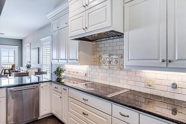 kitchen featuring white cabinets, tasteful backsplash, custom exhaust hood, stovetop, and dishwasher