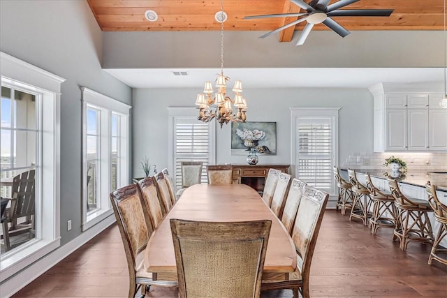 dining space with dark hardwood / wood-style flooring, wood ceiling, and ceiling fan with notable chandelier