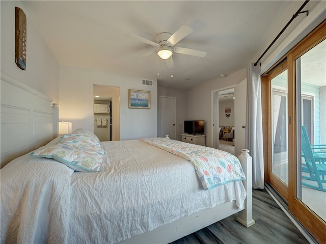 bedroom with access to outside, hardwood / wood-style flooring, and ceiling fan