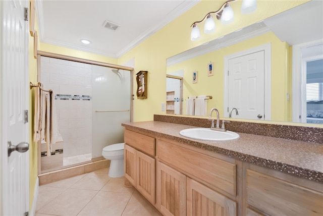 full bathroom featuring crown molding, visible vents, vanity, a shower stall, and tile patterned floors