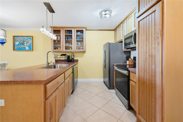 kitchen with appliances with stainless steel finishes, glass insert cabinets, decorative light fixtures, crown molding, and a sink