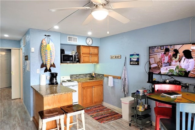 kitchen with sink, electric range, ceiling fan, light stone counters, and light hardwood / wood-style floors