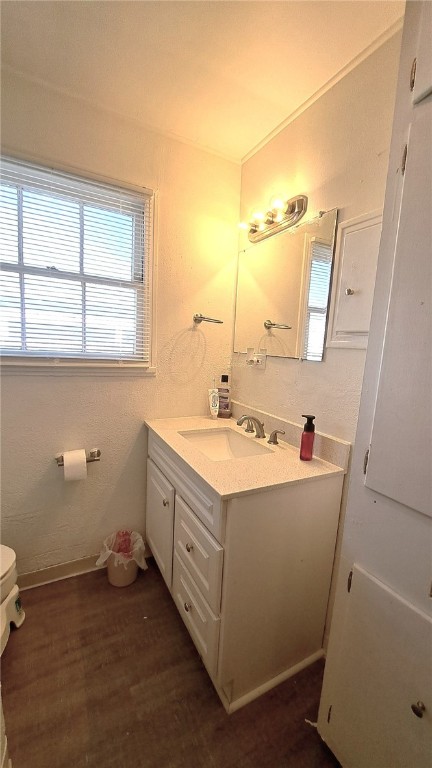 half bathroom featuring toilet, vanity, and wood finished floors