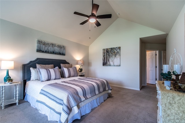 carpeted bedroom featuring high vaulted ceiling and ceiling fan