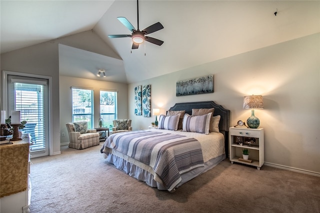 bedroom featuring high vaulted ceiling, carpet floors, and ceiling fan