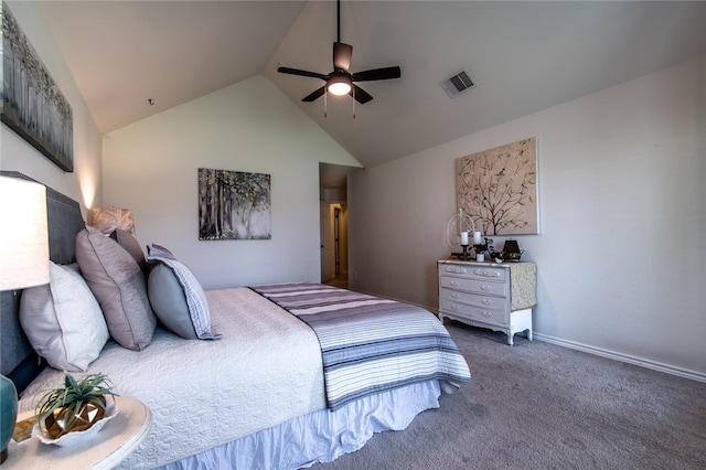 bedroom featuring ceiling fan, vaulted ceiling, and dark carpet