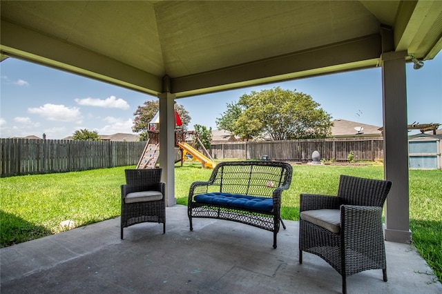 view of patio / terrace featuring a playground