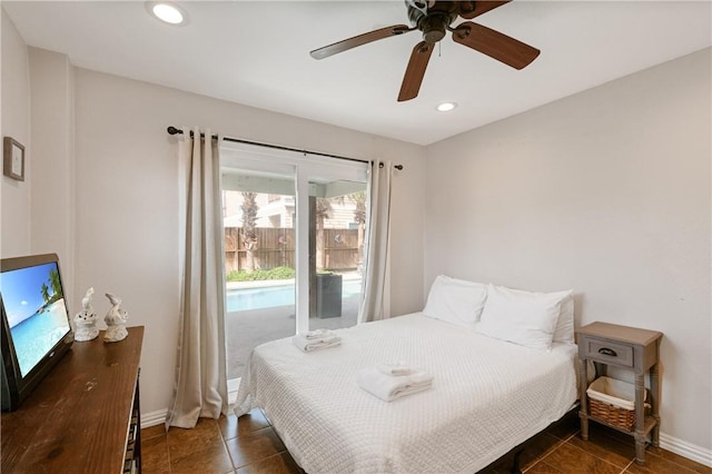 616 Sandcastle Dr, Port Aransas, TX 78373 - bedroom with baseboards, recessed lighting, ceiling fan, and tile patterned flooring