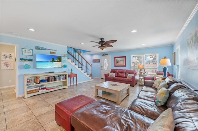 616 Sandcastle Dr, Port Aransas, TX 78373 - living room featuring crown molding, light tile patterned floors, ceiling fan, recessed lighting, and stairs