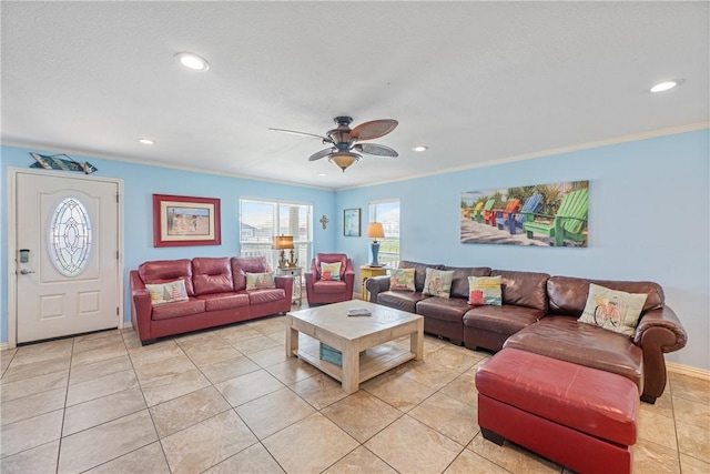 616 Sandcastle Dr, Port Aransas, TX 78373 - living room featuring ceiling fan, recessed lighting, crown molding, light tile patterned flooring, and baseboards