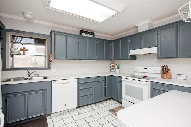 537 Vista Dr, Odem, TX 78370 - kitchen featuring white appliances, under cabinet range hood, a sink, ornamental molding, and light countertops