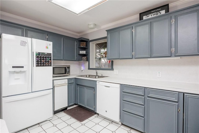 537 Vista Dr, Odem, TX 78370 - kitchen with white appliances, a sink, crown molding, light countertops, and open shelves