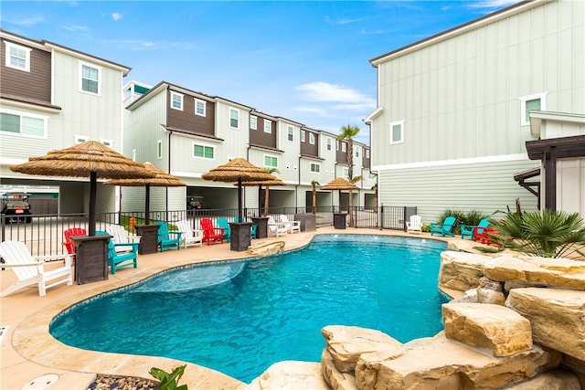 view of swimming pool featuring a patio