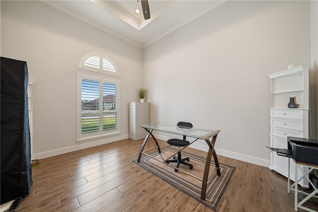 641 Hyacinth Dr, Corpus Christi, TX 78413 - home office with crown molding, a towering ceiling, wood finished floors, and baseboards