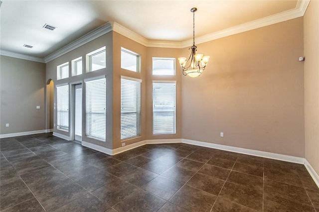 8054 Calgary Dr, Corpus Christi, TX 78414 - empty room with healthy amount of natural light, a chandelier, baseboards, crown molding, and dark tile patterned flooring