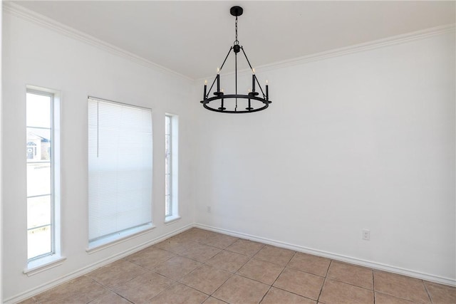 empty room featuring light tile patterned floors, crown molding, baseboards, and an inviting chandelier