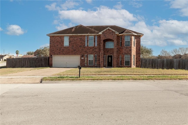 traditional-style home with a front lawn, fence, and brick siding