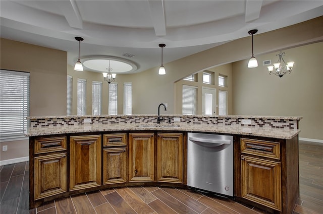 kitchen with beam ceiling, sink, dark hardwood / wood-style floors, backsplash, and a chandelier