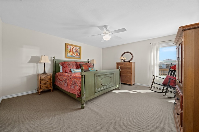 bedroom with light carpet and ceiling fan