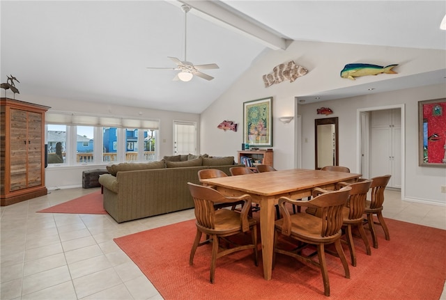 tiled dining space featuring high vaulted ceiling, beamed ceiling, and ceiling fan