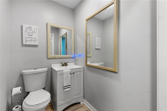 bathroom featuring toilet, vanity, and wood-type flooring