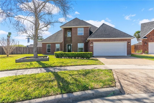 traditional-style house with brick siding, a garage, a front lawn, and fence