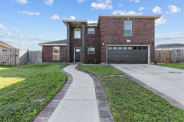 view of front of house featuring a garage and a front lawn