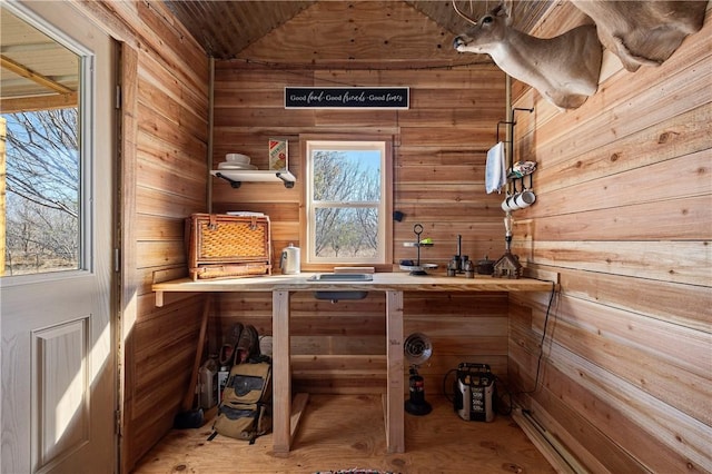 bar featuring vaulted ceiling, a workshop area, and wood walls