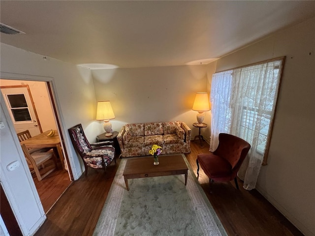 living room with dark wood-type flooring