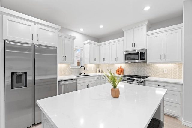 kitchen featuring appliances with stainless steel finishes, white cabinetry, a sink, and backsplash