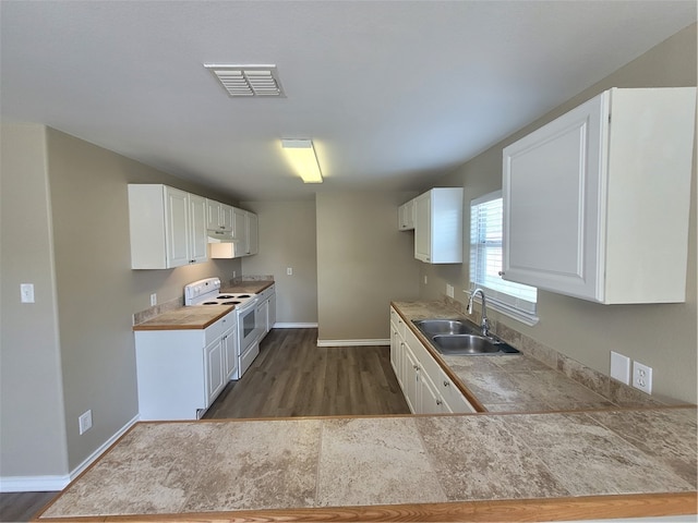 kitchen with electric stove, sink, and white cabinets