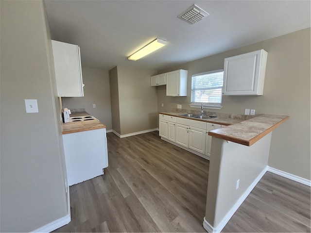 kitchen featuring kitchen peninsula, hardwood / wood-style flooring, sink, electric range, and white cabinetry