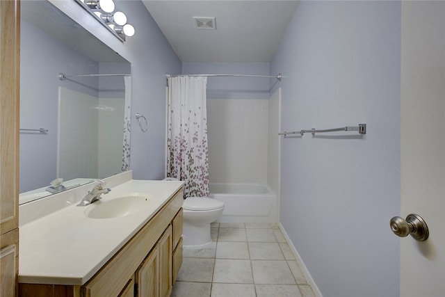 full bathroom with tile patterned flooring, shower / bath combo, toilet, and vanity