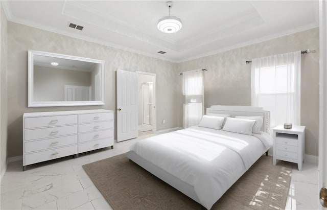 3613 Berkeley Dr, Corpus Christi, TX 78414 - bedroom featuring light marble finish flooring, crown molding, a raised ceiling, and ensuite bathroom