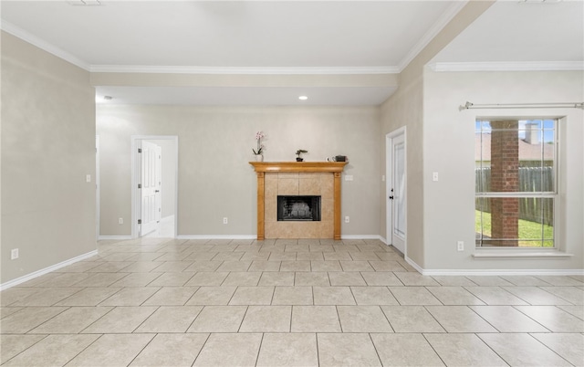 3613 Berkeley Dr, Corpus Christi, TX 78414 - unfurnished living room featuring crown molding, a fireplace, and light tile patterned floors