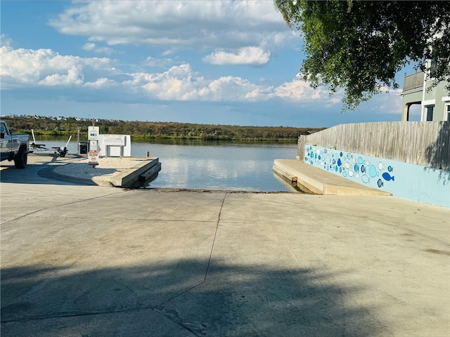 view of swimming pool featuring a boat ramp and a water view
