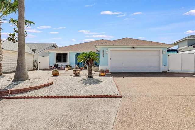 single story home with stucco siding, driveway, an attached garage, and fence