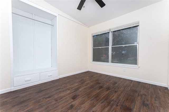3606 Marion St, Corpus Christi, TX 78415 - unfurnished bedroom featuring dark wood-style floors, a closet, lofted ceiling, and a ceiling fan