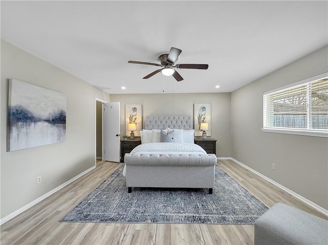 bedroom with recessed lighting, ceiling fan, baseboards, and wood finished floors