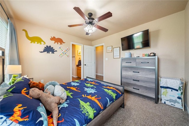 bedroom with light colored carpet and ceiling fan